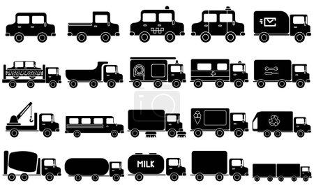 Illustration for Set of simple silhouettes of cars and special transport, icons for design vector illustration - Royalty Free Image