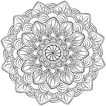 Zen mandala with drops and circles, intricate coloring page vector illustration for kids creativity