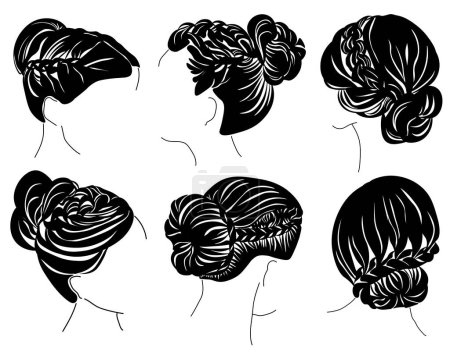 Set of silhouettes of women's hairstyles with bun and braids, stylish styling with high, medium and low buns vector illustration