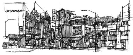Photo pour Esquisse maison dessinée à la main avec des bâtiments esquisse architecturale d'une maison illustration - image libre de droit