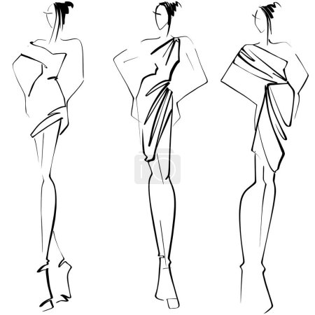 Skizze Fashion Illustration auf weißem Hintergrund Frau im Abendkleid Krokos, ein einfacher Stil der Mode-Illustration.