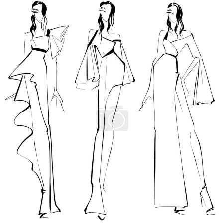 Skizze Fashion Illustration auf weißem Hintergrund Frau im Abendkleid Krokos, ein einfacher Stil der Mode-Illustration.