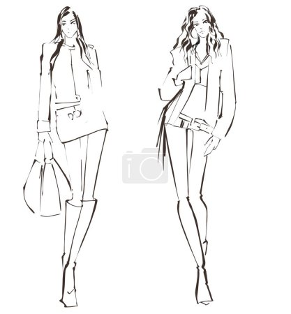 Photo for Women in stylish outfits. Sketch. Fashion Event Illustration on a white background, croquis, an easy style of fashion illustration. - Royalty Free Image