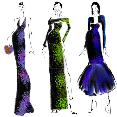 Sparkle outfits.Fashion Illustration on a white background. Woman in an evening dress.Sketch