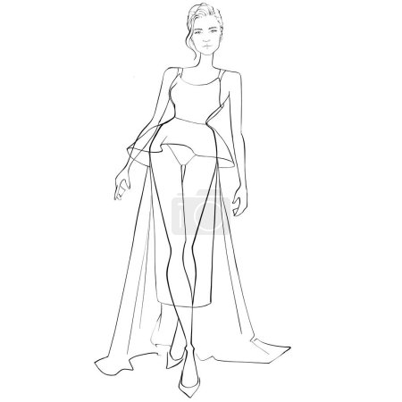 Fashion Illustration on a white background. Woman in an evening dress. Sketch for coloring. 