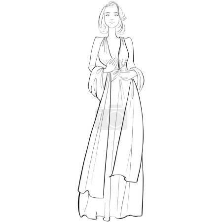 Fashion Illustration auf weißem Hintergrund. Frau im Abendkleid. Skizze zum Ausmalen. 