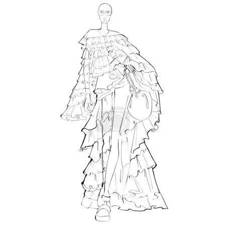 Fashion Illustration on a white background. Woman in an evening dress. Sketch for coloring.