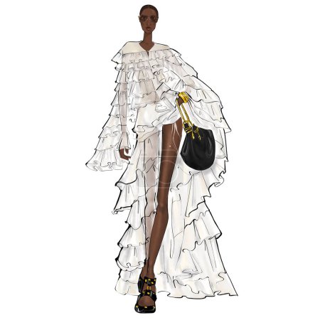 Fashion Event Illustration auf weißem Hintergrund Frau im Outfit berühmter Designerin.