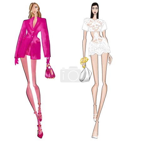 Fashion Event Illustration on a white background Woman in outfit from famous designer.