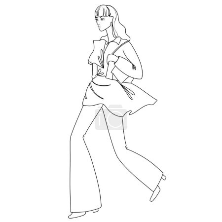 Téléchargez les photos : Illustration de mode pour la coloration, femme de marche dans des tenues élégantes sur le fond blanc, style des années soixante-dix. Faire du shopping. Costume d'affaires, noyau de bureau - en image libre de droit