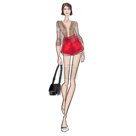 Fashion Event Illustration on a white background Woman in outfit from famous designer.