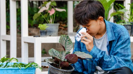 Téléchargez les photos : Jeune garçon utilise un petit microscope blanc pour inspecter et étudier la plante dans un minuscule pot de fleurs dans le jardin botanique, foyer doux et sélectif - en image libre de droit