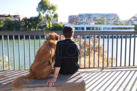 Téléchargez les photos : A handsome young man sitting with his golden retriever dog on a bench. In the background you can see the river and against the sunlight in the evening. Concept pets, animals, dogs, pet love. - en image libre de droit