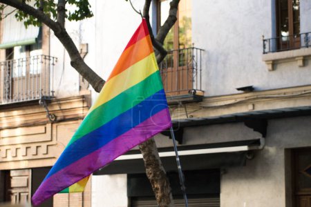 Gay rainbow flag during the demonstration for gay and LGBTQ rights in the city of Seville, Spain. Concept of equality and gay rights