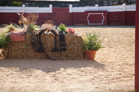 cheval monté sur une balle de foin et pots de fleurs décoratifs dans les arènes d'une arène en Espagne.