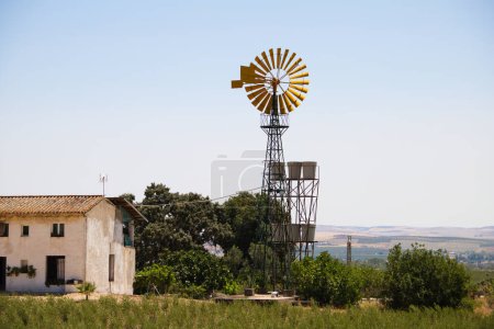 Photo for An American farm with a windmill is an iconic image that evokes rural life and connection to nature. These windmills are typical and referential in the agricultural world. Renewable energy concept - Royalty Free Image