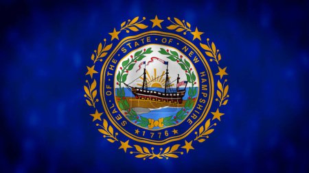 Foto de Ilustración de la bandera del estado de New Hampshire ondeando. Sello estatal de New Hampshire en un campo azul oscuro. Bandera del estado. Tejido ondulado. ilustración. Fondo texturizado - Imagen libre de derechos
