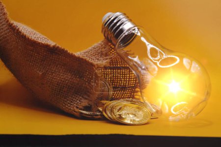 Téléchargez les photos : Rising energy cost concept. Light bulb on top of a stack of gold coins . - en image libre de droit