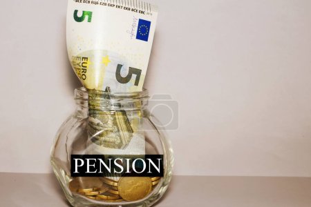 European banknotes inside a jar with a black sticker pension concept of retirement.