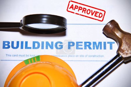 Building Permit concept with approved text . Permit about building activity and construction industry,
