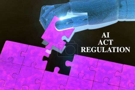 AI regulation symbol. Concept words AI artificial intelligence regulation robot hand on beautiful puzzle jigsaw. Business AI artificial intelligence regulation concept. Copy space