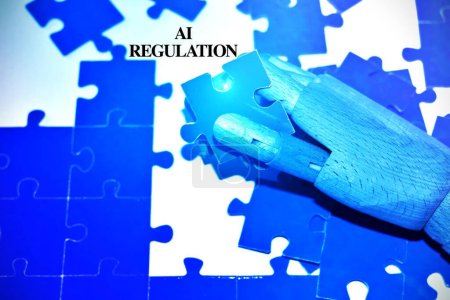AI regulation symbol. Concept words AI artificial intelligence regulation robot hand on beautiful puzzle jigsaw. Business AI artificial intelligence regulation concept.
