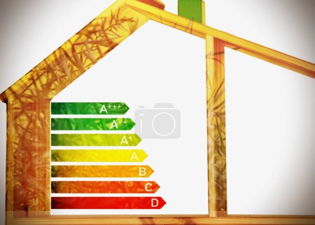 Foto de Concepto de casa energéticamente eficiente con signo de gráfico de clasificación, calificación de eficiencia energética del hogar aislado, sistema de certificación de eco casa inteligente de madera, buena calificación ecológica y bioenergética . - Imagen libre de derechos