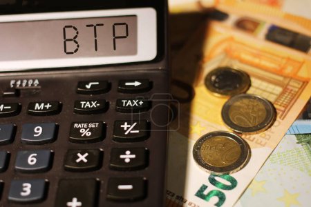 Photo for Calculator with the text BTP translating as Italian government bonds - Royalty Free Image