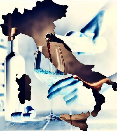 Foto de Ilustración con una mano vertiendo vino con el mapa de Italia como fondo. Concepto de vino italiano - Imagen libre de derechos