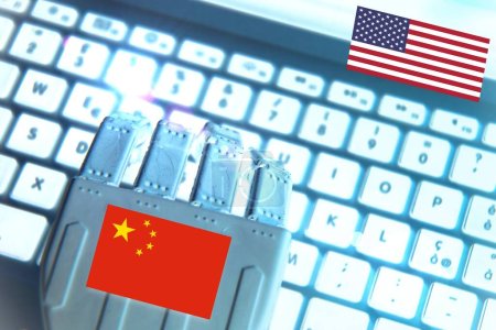Industria robótica con banderas de Estados Unidos y China.