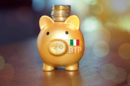 Hucha con el texto que BTP traduce como bonos del gobierno italiano