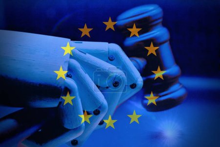 KI Act Regulierung Symbol in Europa. Konzeptbegriffe künstliche Intelligenz handeln Regulierung auf Holzklotz. Schöner blauer Hintergrund. Business AI act Regulierungskonzept Kopierraum