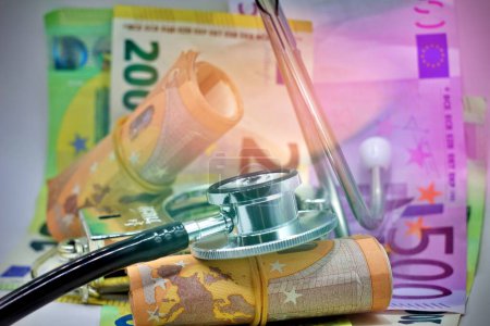 European currency sick concept: stethoscope on euro banknotes