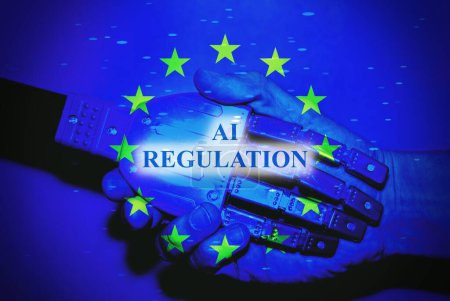 Éthique de l'IA ou droit de l'IA en Europe concept. Élaboration de codes d'éthique de l'IA. Conformité, réglementation, normes, politique commerciale et responsabilité de la protection contre les biais involontaires dans les algorithmes d'apprentissage automatique.