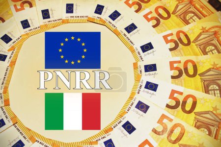 Italian flag and european flag with the sign "Pnrr", concept of european financial help