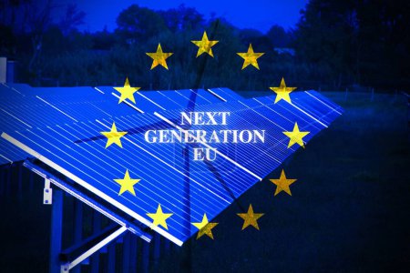 Solar panels with the European flag and the text "Next Generation EU"