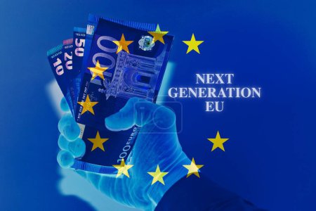 Hand holding euro banknotes Euros banknotes with the European flag and the text "Next Generation EU"