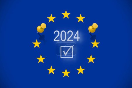 Téléchargez les photos : Conception vectorielle Vote élections européennes 2024 graphic. Texte avec le cercle des 12 étoiles dorées sur fond bleu - en image libre de droit