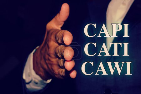 Nahaufnahme eines Händeschüttelns mit den Worten "CAPI CATI CAWI" Konzept der verschiedenen C0MPUTER ASSISTED INTERVIEWING .