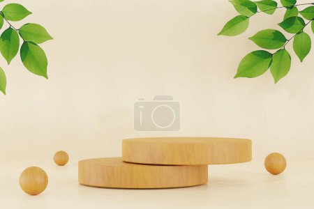 podium en bois 3d avec des feuilles vertes de la nature sur fond abstrait couleur propre. Espace de copie pour la présentation du produit. Graphisme rendu art design.