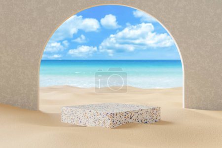 Foto de Podio 3D con espacio de copia para la presentación del producto en la playa con cielo azul y nubes blancas fondo abstracto. Concepto tropical de verano y vacaciones. Diseño de ilustración de representación gráfica. - Imagen libre de derechos