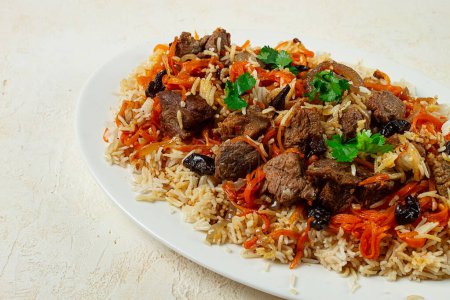 Kabuli pulao, Pilaf, das Nationalgericht Afghanistans, Reis mit Fleisch, hausgemacht, kein Volk,