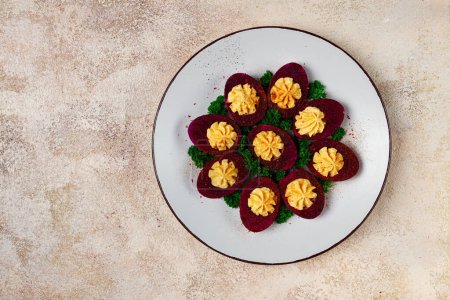 stuffed eggs, stained with beetroot juice, purple, pitaya powder, top view, top view, close-up, no people,