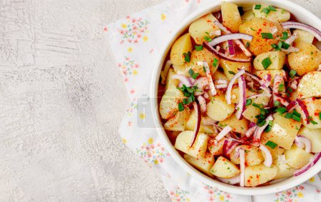 gekochter Kartoffelsalat mit roten Zwiebeln, deutsche Küche, hausgemacht, keine Menschen,