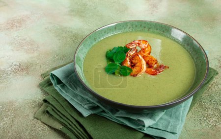 pea cream soup, with shrimp, green soup, homemade, top view, no people,