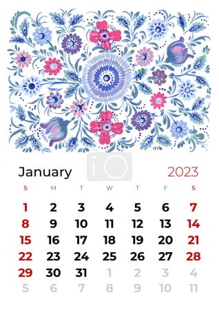 Téléchargez les photos : 2023 année mensuel Janvier calendrier illustration de fleurs et feuilles, fleur, fond floral petrykivka art ethnique folklorique décoratif - en image libre de droit