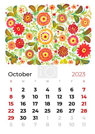 Téléchargez les photos : 2023 année calendrier mensuel illustration de fleurs et feuilles, fleur, fond floral petrykivka art ethnique populaire décoratif - en image libre de droit