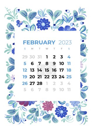 Téléchargez les photos : 2023 année mensuel Février calendrier illustration de fleurs et feuilles, fleur, fond floral petrykivka art ethnique folklorique décoratif - en image libre de droit