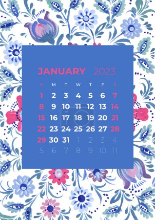 Téléchargez les photos : 2023 année Janvier calendrier mensuel illustration de fleurs et feuilles, fleur, fond floral petrykivka art ethnique folklorique décoratif - en image libre de droit