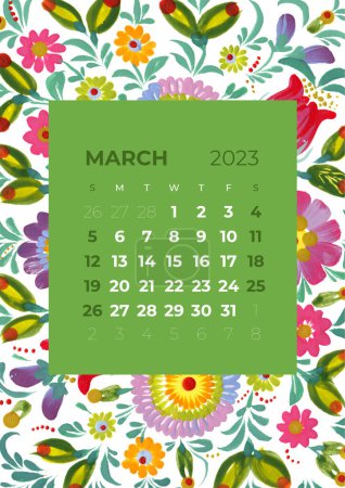 Téléchargez les photos : 2023 année calendrier mensuel illustration de fleurs et feuilles, fleur, fond floral petrykivka art ethnique populaire décoratif - en image libre de droit